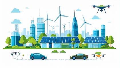 Flat Minimal Vector Renewable Future City Icon Set
