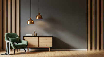 Sophisticated Interior Design Featuring a Green Armchair, Wooden Cabinet, and Stylish Pendant Lights Against a Dark Gray Wall with Wood Paneling Accents