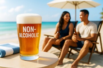 Refreshing non-alcoholic beer on beach table with smiling couple in background enjoying sunny day by the ocean under umbrella. Ai generative