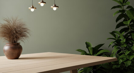 Rustic Table Setting with Dried Grass and Green Plants A Warm and Inviting Dining Area with Natural Elements and Soft Lighting for a Cozy Atmosphere