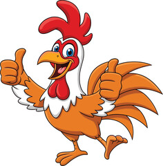 Happy cartoon rooster giving thumbs up, farm animal character, funny chicken mascot, poultry bird illustration, vector drawing, agriculture logo, barnyard animal