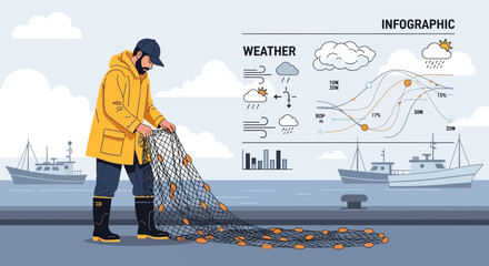 Naklejka premium Fisherman Examining Net with Weather Infographic Backdrop on the Docks