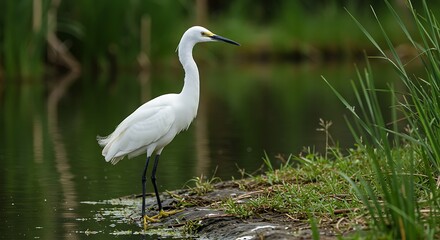Naklejka premium Elegant snowy egret standing gracefully by a tranquil pond surrounded by nature's beauty