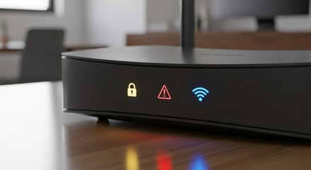 Wireless router with warning lights. Concept of unsafe network, data theft, and cybercrime. Cybersecurity and internet security.