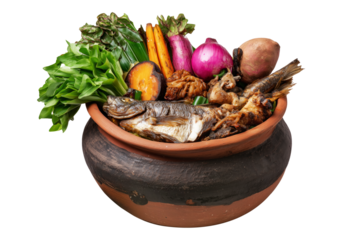 Lovo traditional earth-oven meal with fish, chicken, pork, and root crops in clay pot, isolated on white transparent background. Fiji and Oceania Cuisine Cuisine