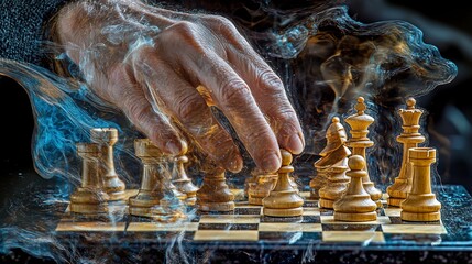 Hand moves chess piece, smoky background. Strategy game concept
