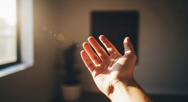 Hand reaching towards sunlight streaming from window, blurred room in background
