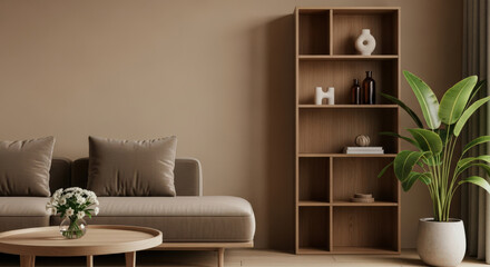 Serene Interior Scene with Neutral Tones A Comfortable Sofa, Stylish Bookshelf, and Vibrant Plant Create a Harmonious and Inviting Living Space Design