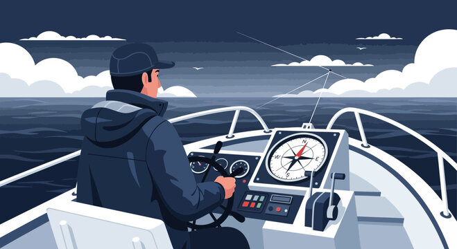 Navigating the Open Seas: A serene illustration of a boat captain at the helm