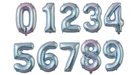 Collection of silver number balloon isolated on transparent background, perfect for birthday celebrations, anniversaries, and special events