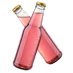 Realistic 3D render of two amber bottles crossed with golden caps and smooth reflective surfaces