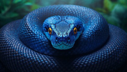 Fototapeta premium Blue snake close up with yellow eyes and coiled body on green background