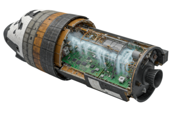 Cutaway Space Shuttle Orbiter with exposed charred heat shield tiles, polished alloys, intricate circuits & cryogenic condensation on transparent, advanced aerospace engineering concept