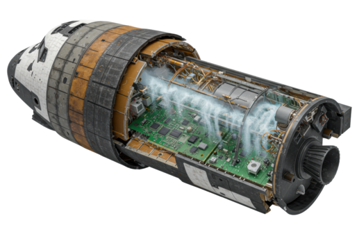 Cutaway Space Shuttle Orbiter with exposed charred heat shield tiles, polished alloys, intricate circuits & cryogenic condensation on transparent, advanced aerospace engineering concept