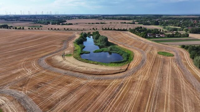 Aerial view of golden agricultural fields surrounding a dark pond with lush green trees, contrasting against the harvested land, Bruessow, Brandenburg, Germany.
