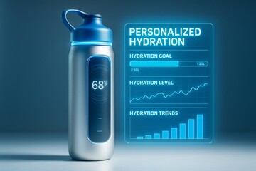 Smart water bottle with digital temperature display and futuristic hydration tracking interface on blue abstract background. Ai generative. Ai generative