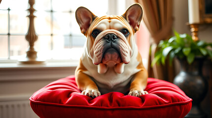 Adorable English Bulldog with wrinkled face and sweet expression sits proudly on a plush, red velvet cushion, surrounded by noble, classic English atmosphere.