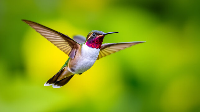 Beautiful Female White-necked Jacobin hummingbird, Florisuga mellivora, hovering in the air with green and yellow background. Best humminbird of Ecuador.