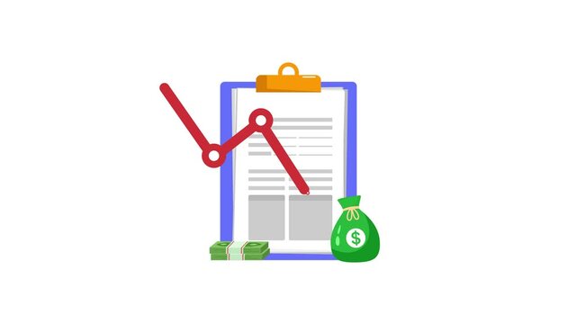 Video animation motion graphic clipboard chart with falling arrow, economic report money loss down trend concept, flat cartoon stock footage 4K high quality