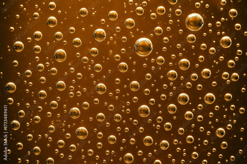 Wall mural abstract golden bubbles rising in liquid with glowing light effect on dark amber background creating