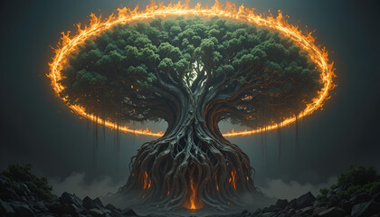 A vibrant tree with a glowing ring of fire around it stands tall