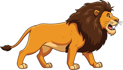 Roaring cartoon lion standing on white background, wild jungle animal illustration, strong predator, king of beasts, safari wildlife