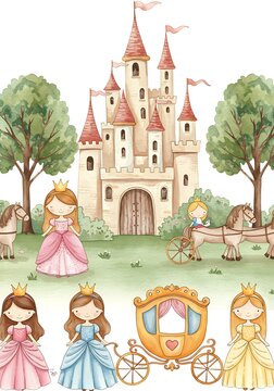 Enchanting fairytale landscape with a majestic castle, graceful princesses and horse-drawn carriage