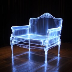 Elegant transparent chair with a blue glow on a wooden floor against a black background, showcasing modern design