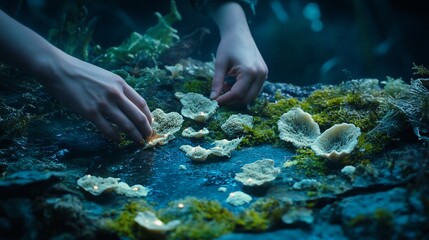 Hands arranging glowing mushrooms on moss, dark forest background. Fantasy, nature, magical setting
