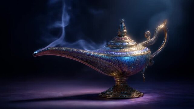 Ornate golden magic lamp emitting mystical blue smoke on a dark background, embodying wishes and ancient tales.