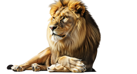 Majestic lion resting, isolated on transparent background, showcasing its powerful presence and regal mane in a captivating wildlife portrait