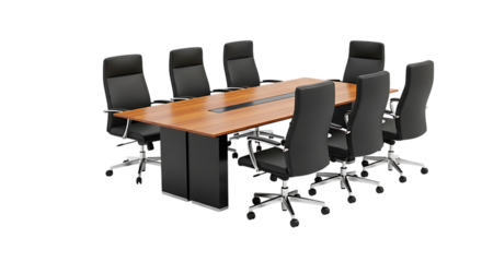 A modern conference table with chairs isolated on transparent background, ideal for business meetings, presentations, and collaborative discussions in office