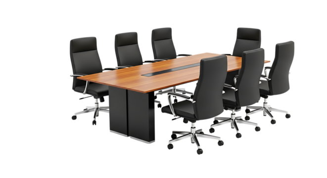 A modern conference table with chairs isolated on transparent background, ideal for business meetings, presentations, and collaborative discussions in office
