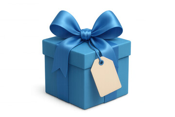 Obraz premium Blue gift box with ribbon bow and blank tag, celebrating birthday, anniversary, or holiday surprise