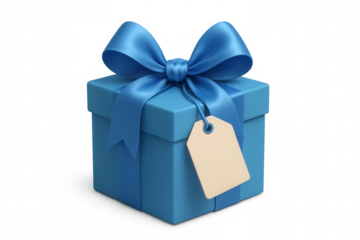 Blue gift box with ribbon bow and blank tag, celebrating birthday, anniversary, or holiday surprise
