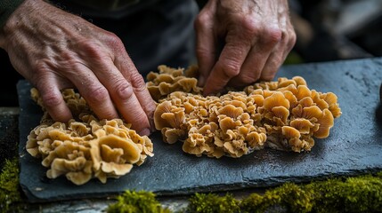 Hands examine mushrooms outdoors, moss background. Food, nature photography
