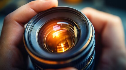 Hands holding camera lens, sunlight reflection, closeup