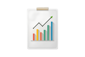Clipboard with Bar Chart and Upward Trend Line on Transparent Background
