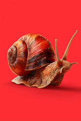 Vibrant close-up of a snail crawling on a bright red background, showcasing its texture and detail