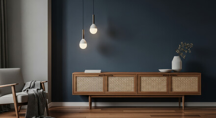 Sophisticated Interior with a Wooden Cabinet, Hanging Lights, and a Comfortable Armchair Against a Dark Blue Wall Creating a Stylish and Relaxing Atmosphere