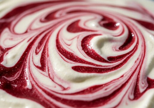 Mesmerizing Macro View of a Glossy Red Berry Coulis Swirling in Creamy White Yogurt.