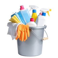 Bucket Full of Household Cleaning Products and Supplies including masks, gloves, spray bottle