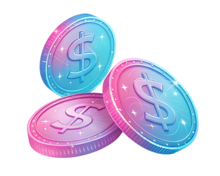 Three dollar coins with blue and pink gradients isolated on transparent background - Powered by Adobe