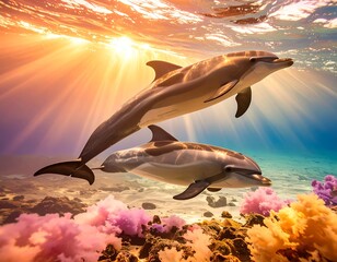 Two Dolphins Swim Below The