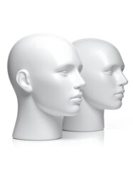 Two sleek, white, featureless human head mannequins stand side-by-side