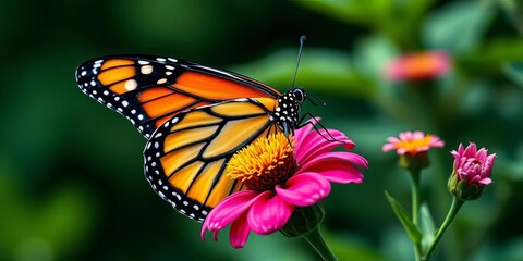 Naklejka premium Close-up of vibrant monarch butterfly on flower, beauty, butterfly wings