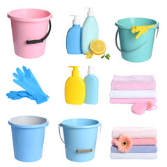  Collection of Colorful Household Cleaning Supplies and Tools isolated 