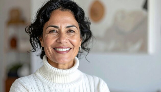 Close-up of an attractive middle aged woman with toothy smile wearing white turtleneck sweater while staning at home.