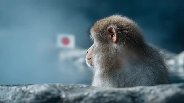 Snow Monkey Contemplation: A snow monkey, relaxed and serene, steams in a hot spring. The animal appears lost in thought, with a background of cold mist, an image of peaceful solitude.