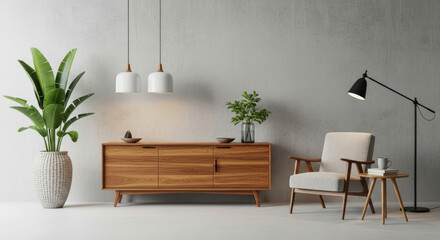 Stylish Living Room Featuring a Wooden Cabinet, Tropical Plant, Armchair, and Floor Lamp Against a Concrete Wall Showcasing Modern Interior Design and Comfort